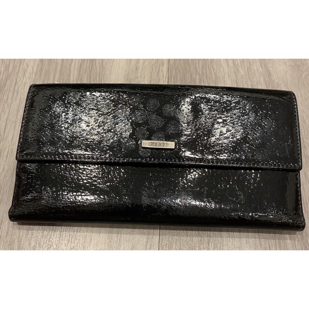 Gucci GG Zip Long Wallet Black Patent Leather Shiny Gloss Card Holder Tri Fold